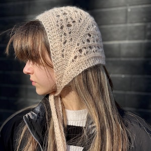 Peach Lace Knit Bonnet Hat, Hand Knitted Mohair Bonnet, Openwork Head Scarf, Handmade Hair Accessory, Soft Romantic Headwear image 9