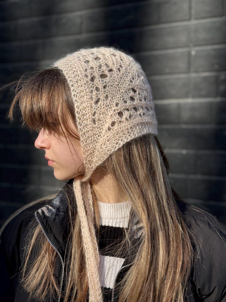 Peach Lace Knit Bonnet Hat, Hand Knitted Mohair Bonnet, Openwork Head Scarf, Handmade Hair Accessory, Soft Romantic Headwear image 9