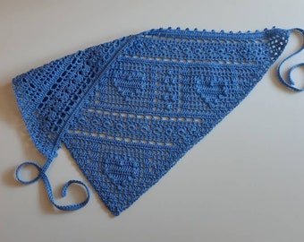 Blue head scarf bandana. Heart bandana. Lace triangle hair scarf pure cotton. Heart crochet kerchief. Boho kerchief headband