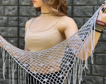 Silver Crochet Fringe Shawl, Sequin Mesh Wrap, Boho Festival Shawl, Linen Cotton Crochet Scarf, Handmade Net Wrap