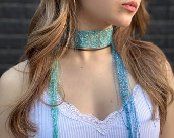 Sequin Skinny Scarf – Luxury Hand Knitted Sparkly Scarf Tie, Bright Spring small scarf for women