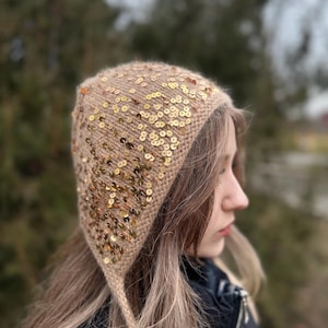 Sequin bonnet adult. Angora hat for women. Spring knitted hat bonnet beige. Shiny bonnet women