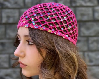Hot Pink Mesh Beanie with Sequins, Crochet Net Hat, Sparkly Lace Skull Cap, Retro Festival Beanie, Handmade Summer Hat