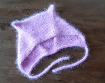 Knitted hat bonnet pink, Kitty bonnet women, Cat ear bonnet adult. Funny fuzzy angora hat for women