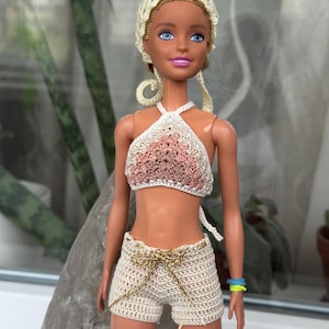 Doll clothes 1/6 Doll crop top. Beige striped crochet top for 11.5 inch dolls. Halter top for doll, doll outfit. Handmade clothes for dolls