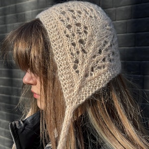 Peach Lace Knit Bonnet Hat, Hand Knitted Mohair Bonnet, Openwork Head Scarf, Handmade Hair Accessory, Soft Romantic Headwear peach