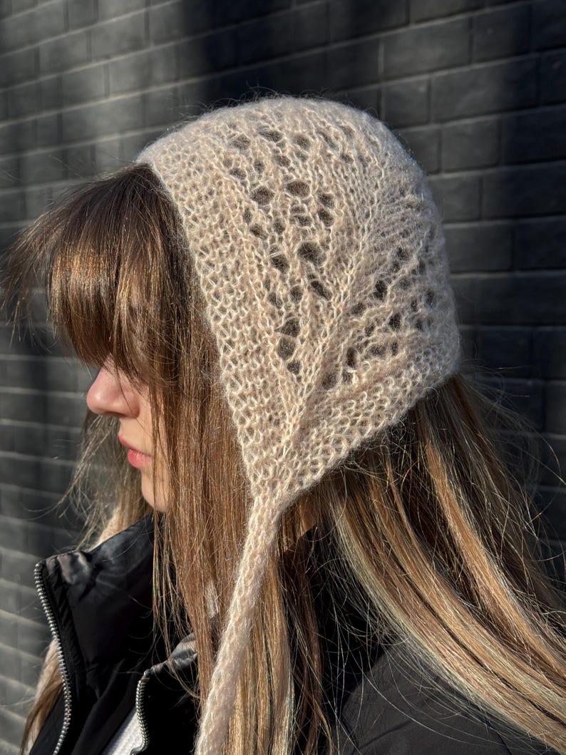 Peach Lace Knit Bonnet Hat, Hand Knitted Mohair Bonnet, Openwork Head Scarf, Handmade Hair Accessory, Soft Romantic Headwear peach