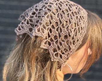 Natural Linen Lace Bandana Brown Crochet Head Scarf Handmade Boho Kerchief Triangular Tied Head Wrap Waist Scarf