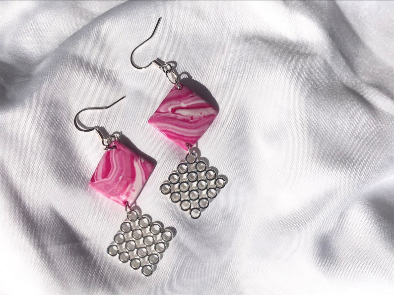 pink marble polymer clay handmade funky trendy cute cheap dangle earrings gifts for her black owned mothers day pink and white jewelry