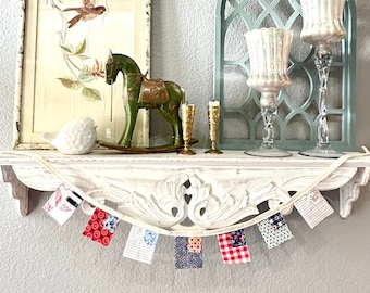 Guirlande drapeau en tissu scrappy - Mini guirlande rustique, décoration Americana du 4 juillet, guirlande drapeau patriotique fait main, style ferme