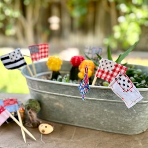 May include: A galvanized metal planter with a variety of succulents and small plants.  The planter is decorated with small fabric flags in red, white, and blue.
