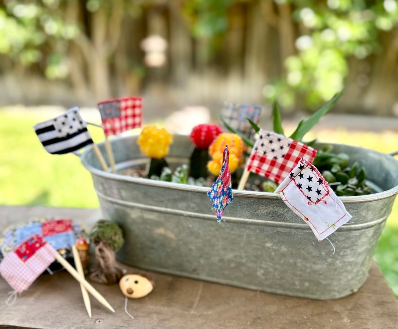 May include: A galvanized metal planter with a variety of succulents and small plants.  The planter is decorated with small fabric flags in red, white, and blue.