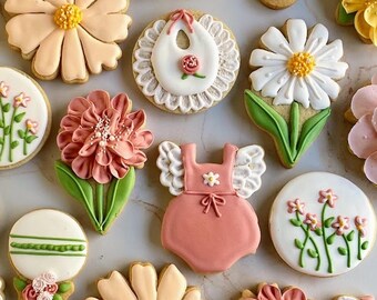 MIXED FLOWERS - 1 Dozen Decorated Floral Sugar Cookies - Springtime Mother's Day Baby Bridal Shower Flower Cookie Party Favors