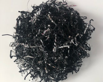 Papel triturado arrugado de mezcla de negro y plata de 4 oz para embalaje de regalos, embalaje acolchado, relleno, papel triturado