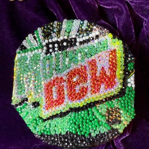 Crystal Mountain Dew Can, rhinestoned wall art, irrelevant art object, whycore
