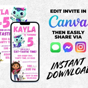 CANVA Editable Digital Download - Gabby&#39;s Dollhouse Birthday Invite