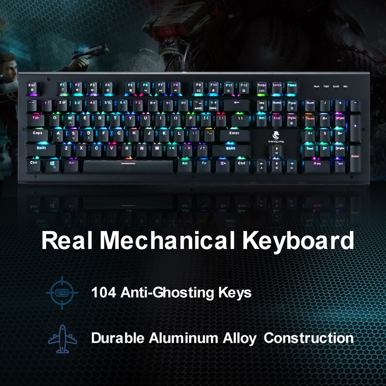 Op de afbeelding: Een zwart mechanisch toetsenbord met RGB-verlichte toetsen, voorzien van een standaard QWERTY-indeling, een numeriek toetsenblok en een logo aan de rechterkant. De tekst Real Mechanical Keyboard, 104 Anti-Ghosting Keys en Durable Aluminum Alloy Construction is zichtbaar.