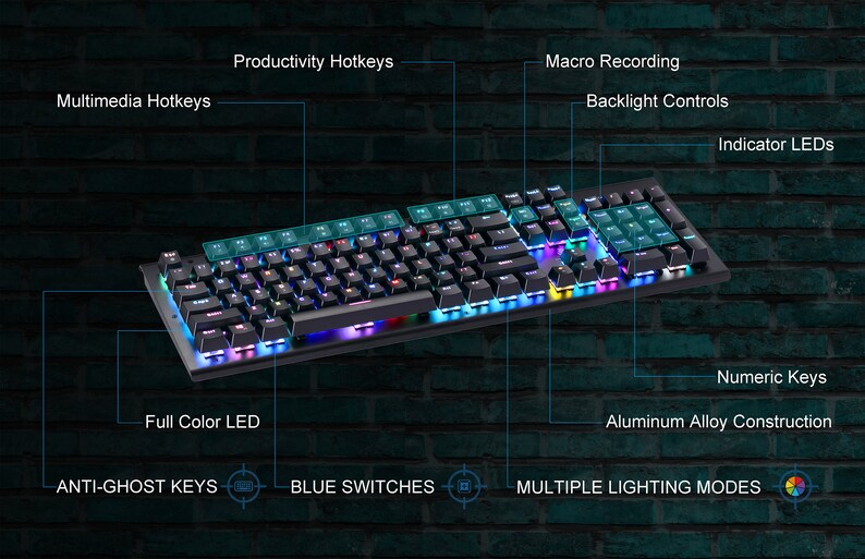 Op de afbeelding: Een zwart mechanisch toetsenbord met een aluminiumlegering constructie, voorzien van blauwe schakelaars, anti-ghosting toetsen en full-color LED-achtergrondverlichting. Het bevat numerieke toetsen, multimedia-sneltoetsen, productiviteit-hotkeys, macro-opname, achtergrondverlichting-bediening, LED-indicatoren en meerdere verlichtingsmodi.
