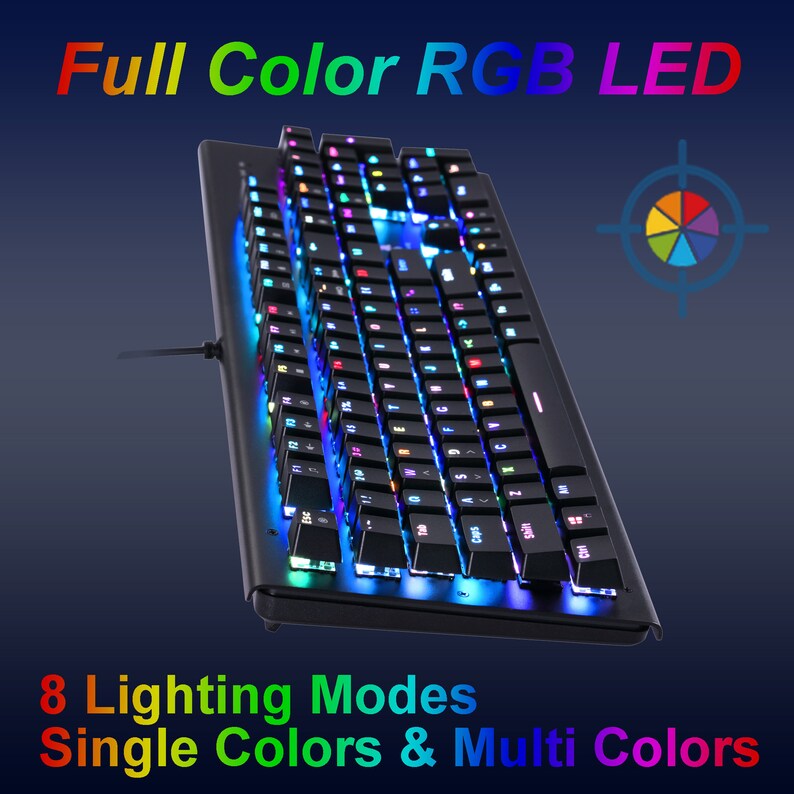 Op de afbeelding: Een zwart computertoetsenbord met verlichte toetsen voorzien van full-color RGB LED-verlichting. De tekst Full Color RGB LED en 8 Lighting Modes Single Colors & Multi Colors is zichtbaar. Het toetsenbord heeft een kabel en een cirkelvormig doelicoon.