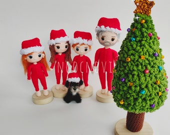 Christmas Family Crochet Custom, Winter Hoodie Family, Handmade christmas doll, Family Christmas Santa, Dog with Christmas hat