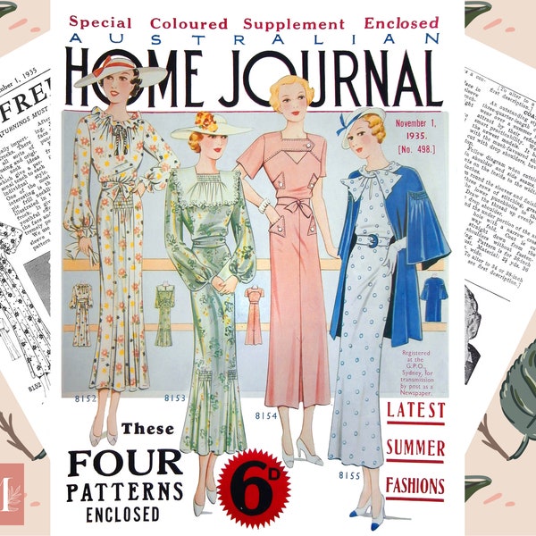 Vintage Sewing Dress Patterns PDF Download 1930s Australian Home Journal November 1935 PDF Pattern Vintage Dress 1930's Art Deco