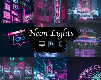 May include: A collage of images featuring neon lights in various colors, including pink, blue, and purple. The images depict a variety of scenes, including a street with neon signs, a cafe with a neon sign, and a Ferris wheel with neon lights. The text "Neon Lights" is written in a stylized font on a black background.