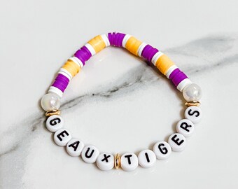 Geaux Tigers Bracelet, LSU Bracelet, Graduate Gifts, Gifts for Her, LSU Gifts, Heishi Bracelet, LSU Tigers, Tailgate Accesories, Football