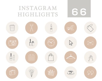 May include: A set of 20 Instagram highlight icons with various designs, including a coffee cup, scissors, lipstick, airplane, tag, camera, makeup brushes, clock, mouse cursor, envelope, champagne bottle, calendar, shopping bag, hanger, champagne flutes, suitcase, balloons, basket, dog bowl, and quotation marks. The icons are in a light brown circle with a white outline.
