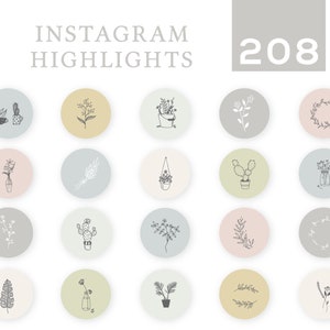 208 Instagram Highlight Cover Images | Plants & Leaves Hand Drawn Icons | Social Media IG Insta Story | Neutral Blue Green Beige Colours |