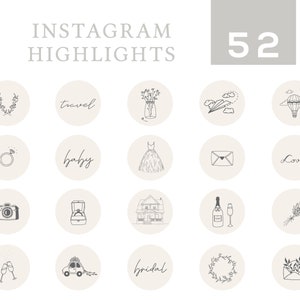 52 Instagram Highlight Cover Bilder | Hochzeit & Lifestyle Handgezeichnete Icons und Text | Social Media IG Insta Story | Neutrales Weiß |