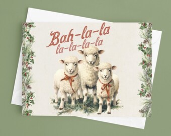 Cartão de Natal de ovelhas Bah-la-la, desejos de Natal de fazenda, cartão de Natal para impressão, cartão de Natal fofo, cartão de Natal de ovelhas country