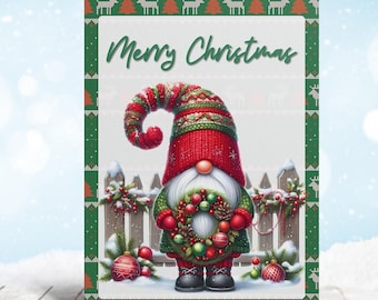 May include: A Christmas card featuring a red and green gnome holding a wreath with red berries and pine cones. The gnome is standing in front of a white picket fence with snow on top. The card has a green border with a repeating pattern of reindeer and Christmas trees. The text "Merry Christmas" is written in green at the top of the card.