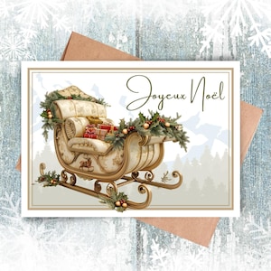 Joyeux Noël Karta do druku, Wesołych Świąt po francusku, Francuska Karta Bożonarodzeniowa, Sanie Bożonarodzeniowe, Natychmiastowe Pobranie Karty