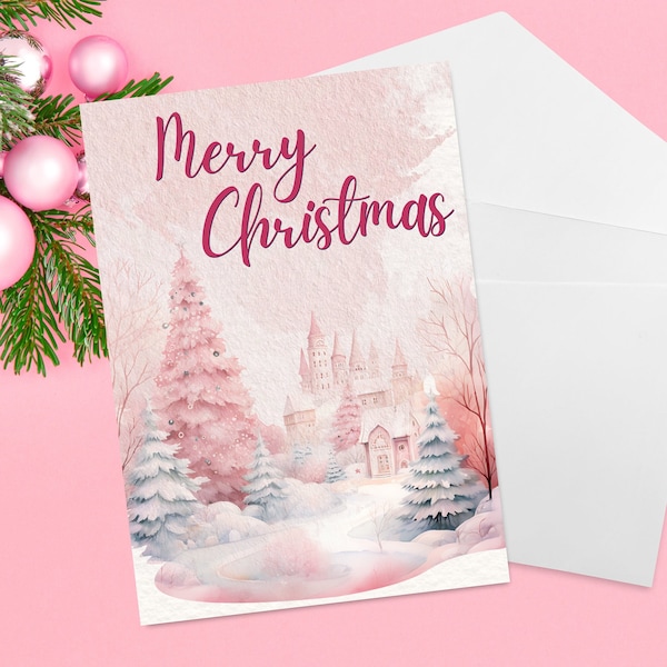 Printable Pink Christmas Card, Merry Christmas, Greeting Card, Pink Christmas Trees, Christmas Greeting, Cute Christmas card
