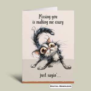 May include: A greeting card with a cartoon black and white cat with big eyes. The text on the card reads "Missing you is making me crazy just sayin'...".