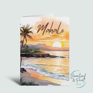 Mahalo Hawaiian bedankkaart afdrukbare wenskaart, Hawaii-themakaart, tropische scènes digitale kaart, Mahalo-notitiekaart, Instant Download