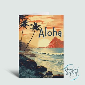 Carte de voeux imprimable Aloha rétro, carte de correspondance sur le thème Hawaï, carte numérique de scènes tropicales, carte de correspondance numérique Aloha, téléchargement immédiat