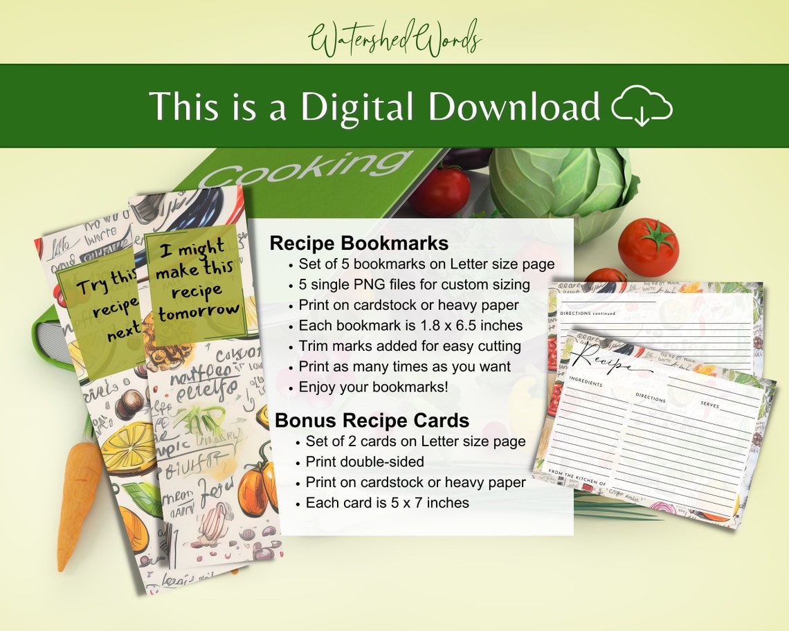Recipe Bookmarks: Set of 5 Printable Cookbook Markers (digital Download ...