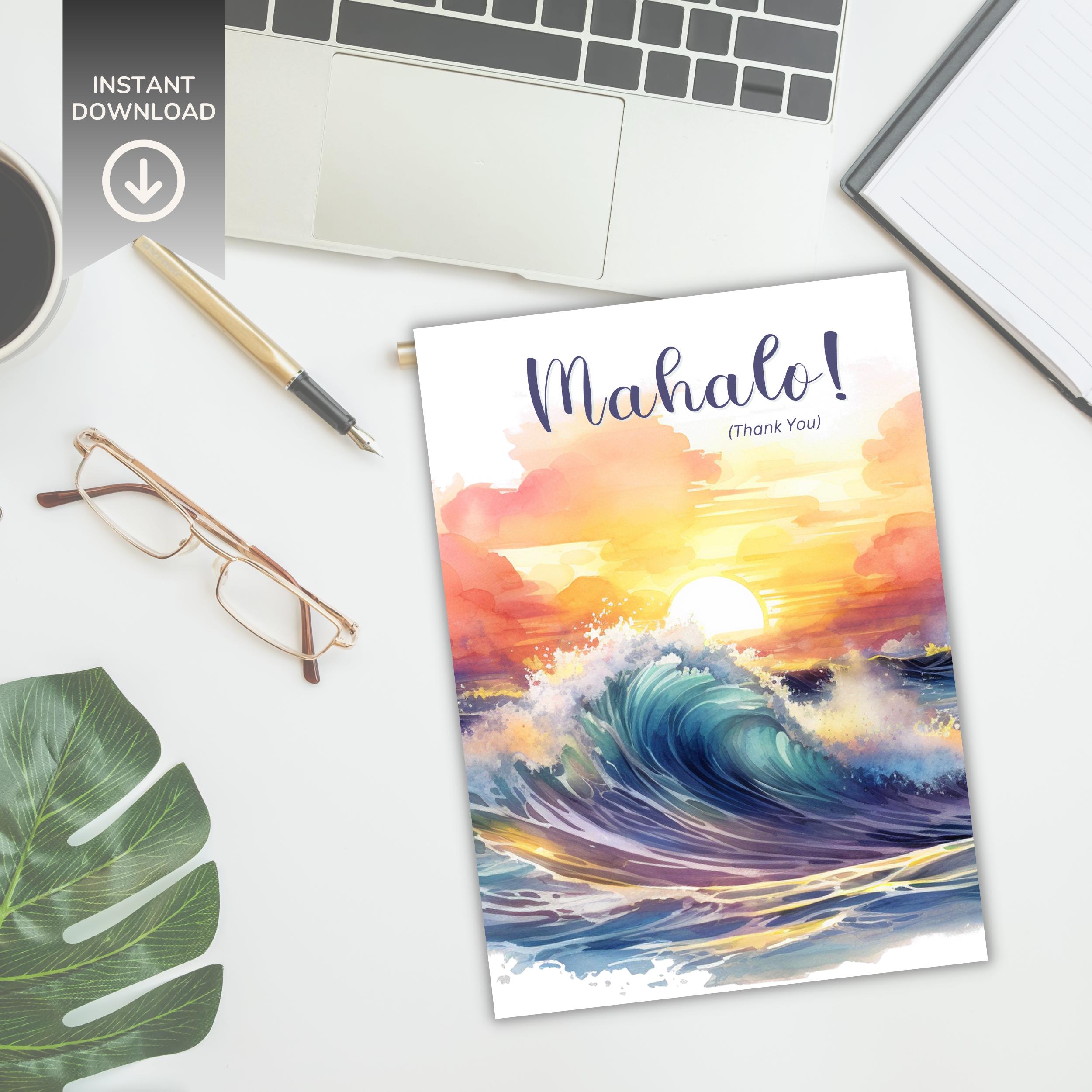 Mahalo Hawaiian Thank You Printable Greeting Card, Hawaii Theme Card ...