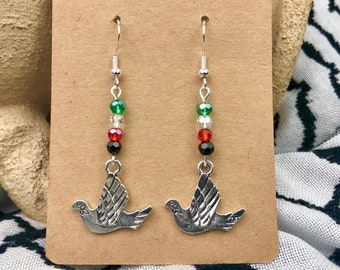 Natural Freshwater Shell White Peace Dove Charm Hanging off Dangling Palestine Flag Color Czech Beads Earrings 2 versions to choose from