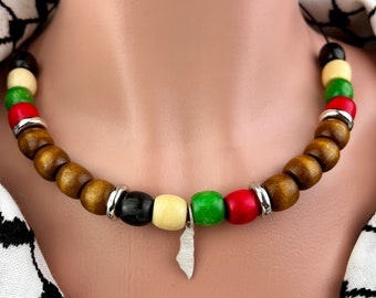 Palestine Flag Color Large Beaded Wood Choker Necklace, twist closure