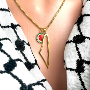 Palestine Map Pendant + Watermelon Charm, Stainless Steel Necklace