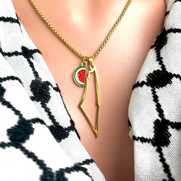 Palestine Map Pendant + Watermelon Charm, Stainless Steel