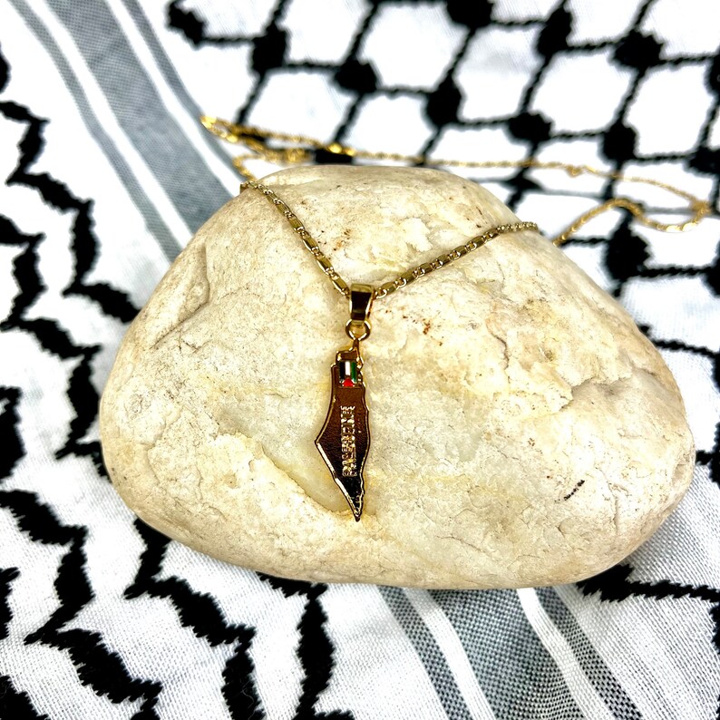 Goldtone Palestine Map Pendant Necklace With PALESTINE Etched Across