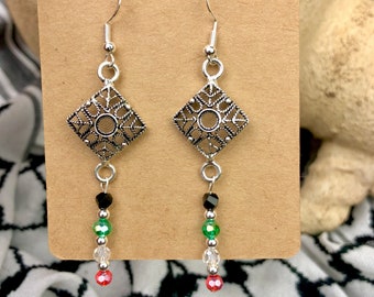 Palestine Flag Color Beads Hanging off Antiqued Tibetan Silver Filigree Charm Dangle Hanging Earrings