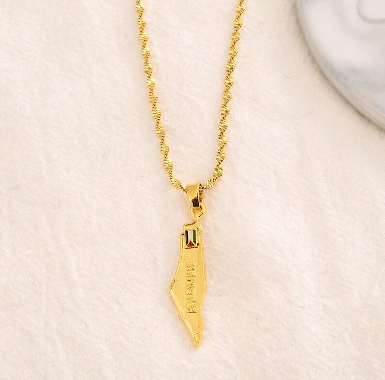Goldtone Palestine Map Pendant Necklace With PALESTINE Etched Across