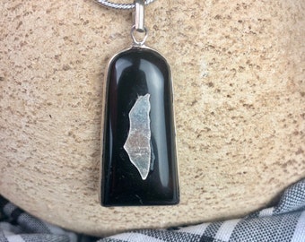 Palestine Map Charm on Black Obsidian Natural Gemstone in 925 Sterling Silver Setting - Handcrafted