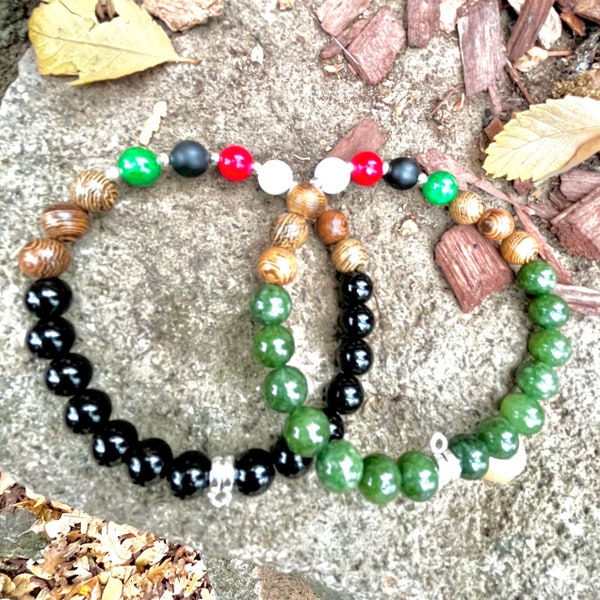 8” Natural Gemstones in Palestine Flag Colors & Wood Beads, Stretch Bead Bracelet with Hanging Charm (of choice)