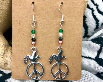 Peace Sign & Dove with Olive Branch Charm Hanging off Dangling Palestine Flag Color Beads Earrings