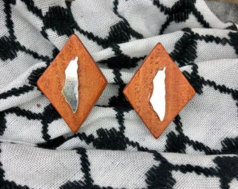 Palestine Map on Wooden Geometric Diamond Shape Earrings